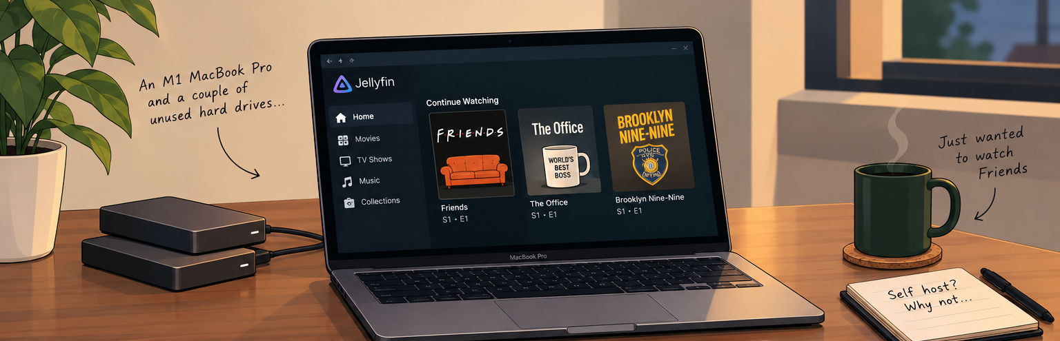 Illustration of the original homelab: a MacBook Pro running Jellyfin with two external hard drives