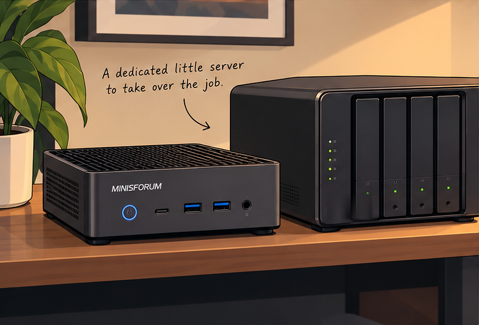 Illustration of the dedicated Mini PC beside a four-bay direct-attached storage enclosure